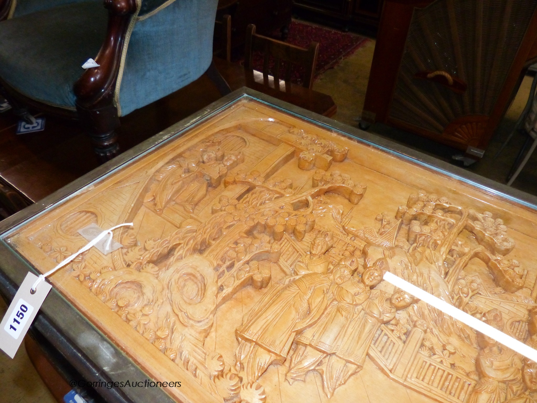 A Chinese rectangular relief carved hardwood low coffee table. W-91, D-46, H-41cm.